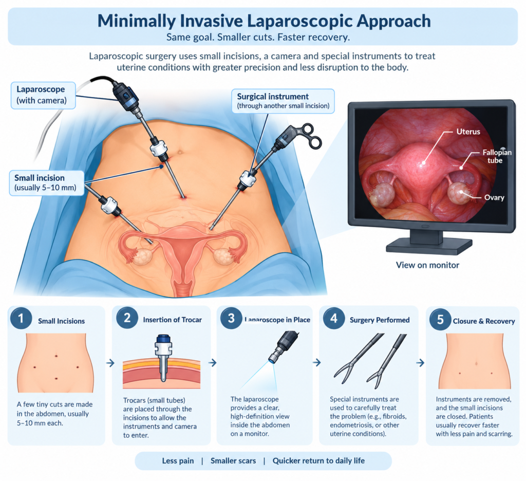 simple anatomical diagram explaining the minimally invasive laparoscopic approach